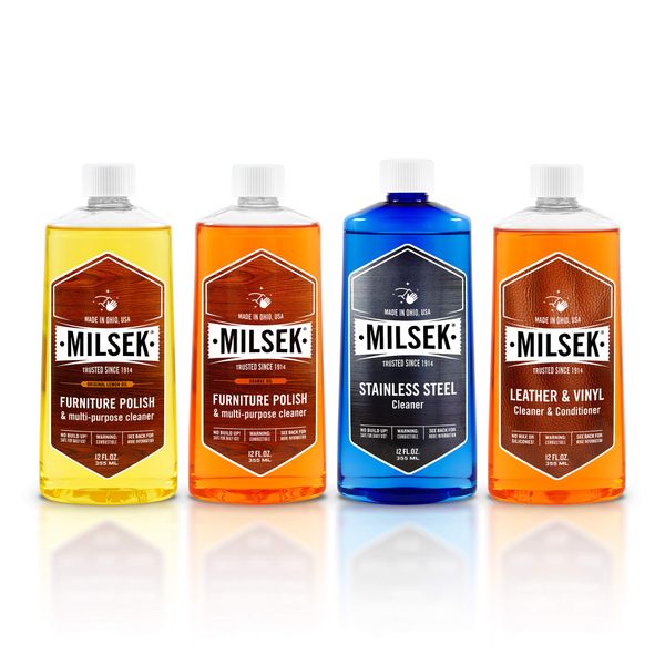 Milsek Furniture Polish Variety Pack: Lemon Oil, Orange Oil, Stainless Steel Cleaner, and Leather Cleaner - 4-Pk, 12 fl oz