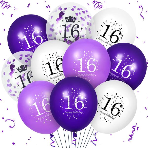 16th Purple Birthday Balloons Decorations, 16PCS Purple White Happy 16th Birthday Confetti Latex Balloons for Girls Boys Happy Birthday Party Wedding Anniversary Indoor Outdoor Party Supplies,12 Inch