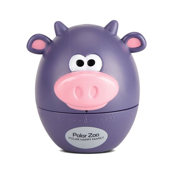 Cute Cartoon Kitchen Timer Mini Animal Timer Countdown Cooking Supplies 55-Minute Mechanical(Purple Cattle)
