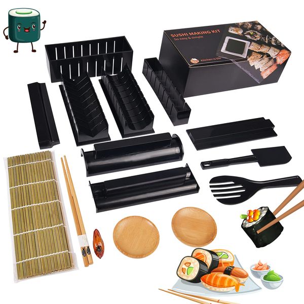 AYIYUN Sushi Making Kit, 15 Pcs Sushi Maker Sushi Tool with 8 Shapes of Sushi Rice Roll Mold,Bamboo Sushi Rolling Mats, Chopsticks Holder, Bamboo Plates, DIY Sushi Tool