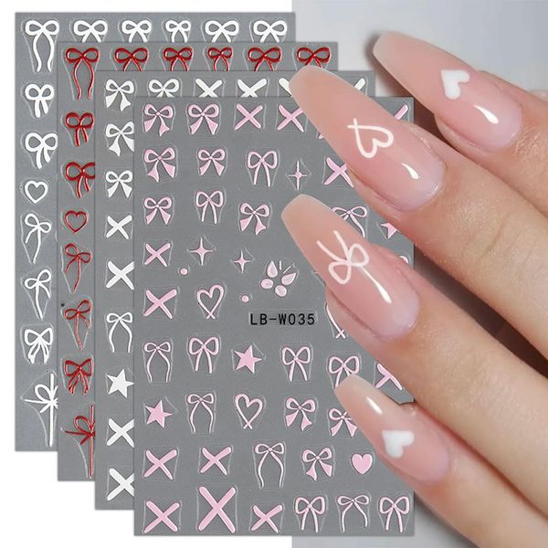 JMEOWIO 8 Sheets Heart Bow Tie Nail Art Stickers Decals Self-Adhesive Pegatinas Uñas Pink Nail Supplies Nail Art Design Decoration Accessories