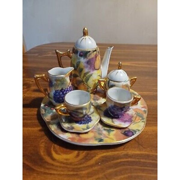 Miniature Porcelain Tea Set: Fruits w/ Gold Trim. 10 pc.