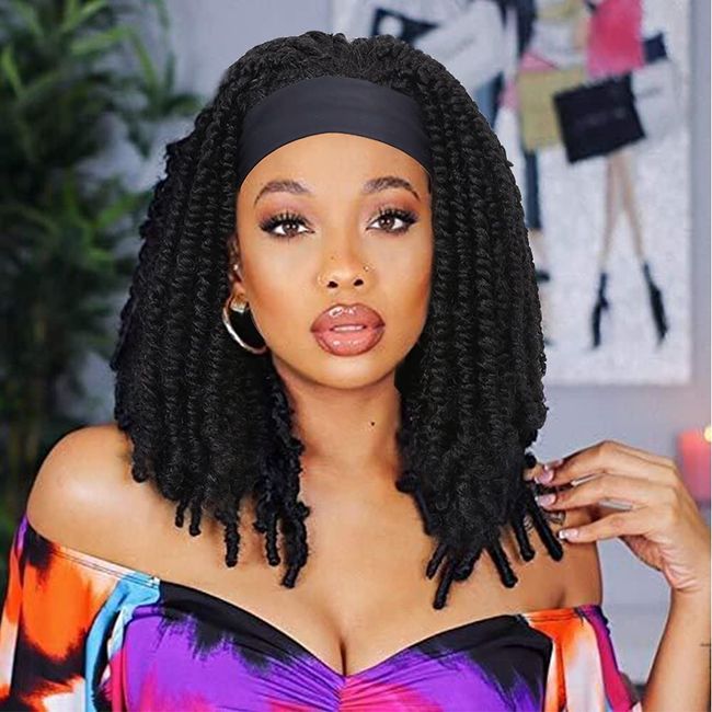 Fancy Hair Faux Locs Dreadlock Wig Headband Wigs Black Short Passion Twist Wigs Braided Twist Wigs Natura Black Short Curly Synthetic Daily Party Replacement Wig for Black Women