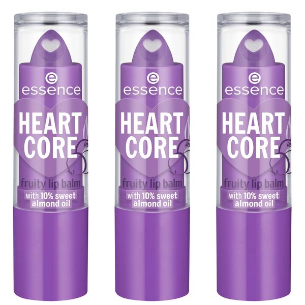 essence HEART CORE fruity lip balm, Nr. 06, Violett, glättend, pflegend, mit Ölen, natürlich, glänzend, vegan, ohne Konservierungsstoffe, ohne Parabene, ohne Mikroplastikpartikel, 3er Pack (3x3g)