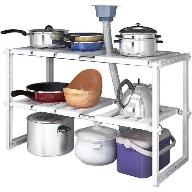 zmayastar LB-271 Under Sink Storage Rack, Kitchen Rack, Under Sink Extendable Shelf, Under Sink Rack, 2 Tiers, Height Adjustable, Extendable, Easy Assembly, Sink, Pan, Pot, Storage, Kitchen, Closet, Cupboard, Stocker