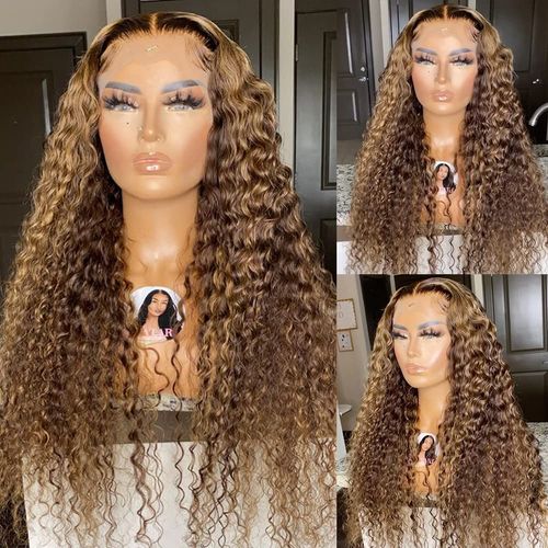 CYNOSURE 13x5 Curly Honey Blond Ombre Color Highlight Lace Front Human Hair Wigs for Women Invisible Pre Plucked (16 Inch, Highlight)