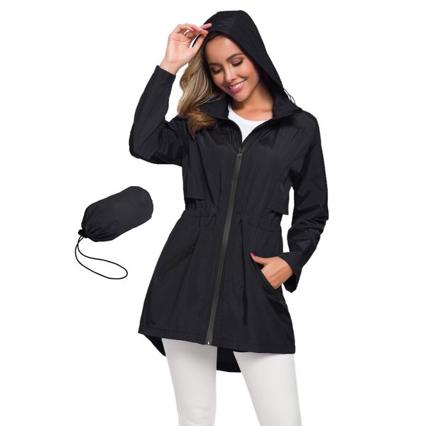 Avoogue Womens Hooded Raincoat Waterproof Jackets For Women Lightweight Rain Jackets Black L