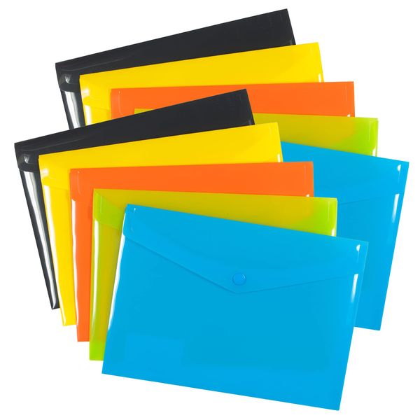 eco-eco A6 50% Recycled Assorted Colours Press Stud Popper Wallet, Plastic Folders (Pack of 10), Green, Black, Blue, Yellow, Orange, eco078x2