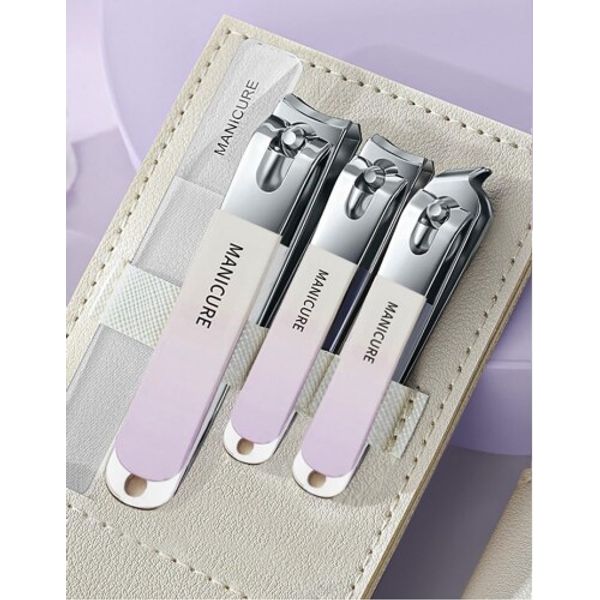 Nail clipper set, straight blade, curved blade, 4-piece nail file set, sharp, for ingrown nails, hands and feet, nail clippers, comes with a high-quality leather storage bag, nail file, unisex, purple