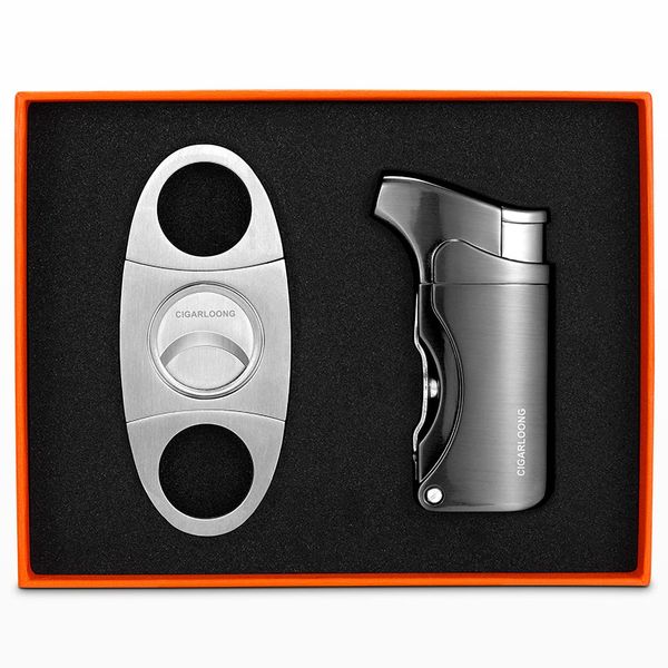 CIGARLOONG Cigar Cutter and Lighter Set, Sharp Blade Cutter Refillable Butane Lighter with Cigar Punch(Grey)