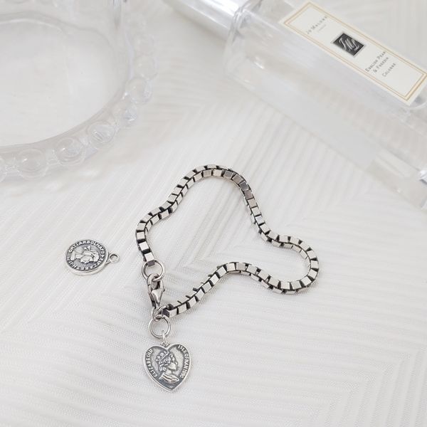 Silver 925 Heart Coin Oil Painting Men Women Square Chain Bracelet