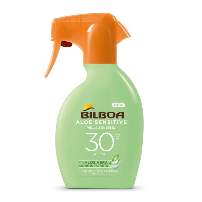 Bilboa, Sonnenschutz Körper Aloe Sensitive Trigger SPF 30, hohes Sonnenspray für empfindliche Haut, Formel mit Aloe Vera, alkoholfrei, wasserfest, 250 ml