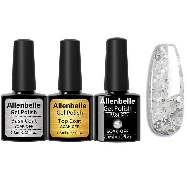 Allenbelle (Base Coat Top Coat And One Color Gel) Gel Nail Polish Set 3PC,Base Top Coat With One Gel Polish Set, Nail Polish UV LED Lamp Nail Art Nail Salon