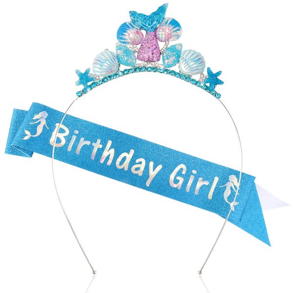 Atoden Mermaid Birthday Decorations Birthday Headband and Sash Little Mermaid Birthday Outfit Blue Princess Tiara Crown Starfish Seashell Mermaid Tail Headpiece Birthday Accessories Party