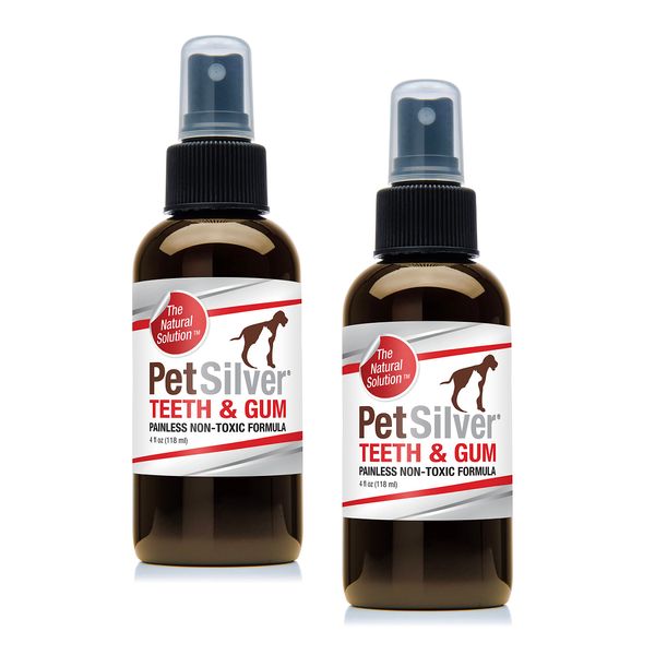 PetSilver Teeth & Gum Spray, Chelated Silver, Natural Dog Breath Freshener, Cat and Dog Dental Cleaning Without Brushing, Targets Tartar and Plaque, Dog Dental Spray, Easy Spray, USA, 2-Pack 4 oz.