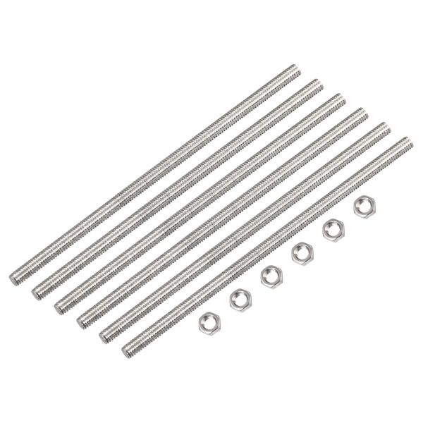 uxcell 6 Pcs Full Thread Rod M3 x 200mm with 6 Hex Nuts 0.5mm Thread Pitch 304 Stainless Steel Right Thread Rod Bar Stud