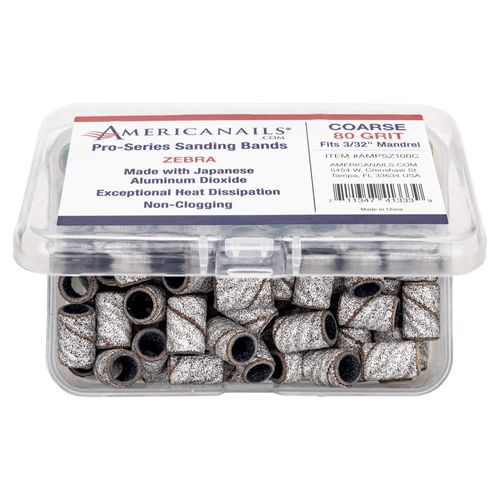 Americanails Pro-Series Zebra, Coarse 80 Grit, Professional Sanding Bands for Acrylic Nail File Drill, E-File Sanding Drill Bit Piece Set, Nail Polishing and Filing Tools - 100 Count