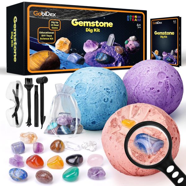 Mega Gemstones Dig Kit-Dig Up 15 Real Gems& Crystals. STEM Geology Educational Toys for Boys&Girls Ages 6+，Science Rocks &Stones Excavation Kits for Kids Age 6 7 8 9 10