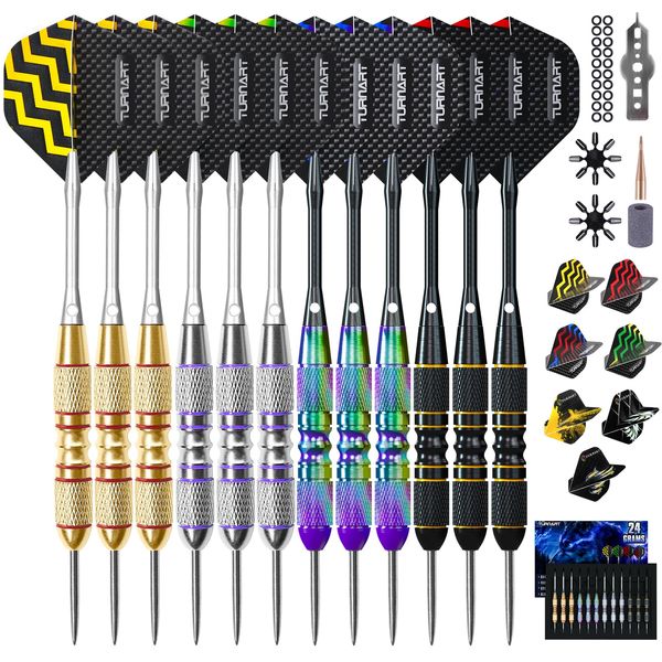 Turnart Darts Metal Tip Set - Steel Tip Darts Set Professional Metal Darts 12 pcs 22/24 Grams with Stylish Case Aluminum Shafts Extra 9 Flights