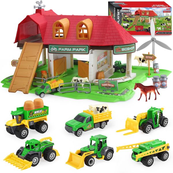 Oriate Toy Barn House with Tractor & Animal Farm, 1/64 Diecast Tractor Toys for Kids 3-5, Big Red Farm Barn Toys Playset for Kid 3-8, Christmas Birthday Gifts Boys Girls Children Toy