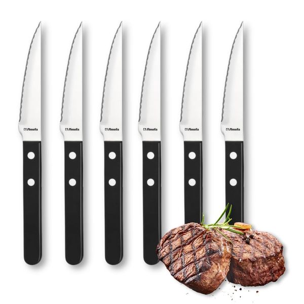 Amefa Pizza 7000 Steak Cutlery, 6 x Steak Knives, Serrated Knife for 6 People, Blade Steel 13/0, Black Riveted Plastic Handles, for Steak, Meat and Pizza