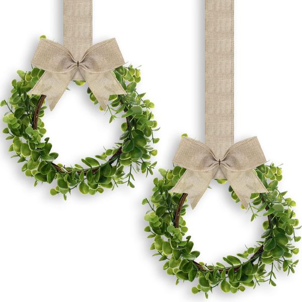 2 Pieces Faux Kitchen Cabinet Wreaths Boxwood Wreaths with Ribbon Artificial Green Leaves Wreaths Decorative Hanging Wreaths for Cabinet Wall Window Front Door Decors (Natural, Burlap)