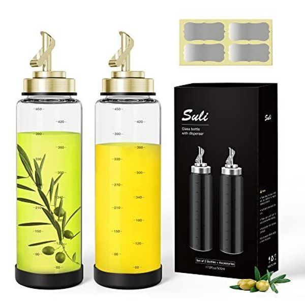 Glass Olive Oil Dispenser Bottle -2 Pack17oz Oil and Vinegar Cruet Set Gold