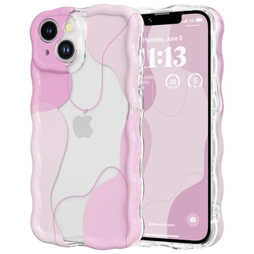 DEFBSC for iPhone 14 Plus/15 Plus Case, Cute Clear Wavy Art Design Aesthetic Pattern Phone Case for Women Girls, Wave Frame Durable Protective Cover Full Camera Protection Bumper, Pink
