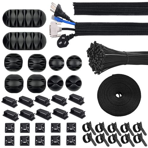 Moseem Cable Management Kit 142Pcs,Wire Organiser Cable Tidy,1 Cable Sleeve,10 Self Adhesive Base,10 Cable Clips,10 Cable Ties,10 Silicone Cord Holder,1 Roll Self Adhesive Tie,100 Wire Fastening Ties