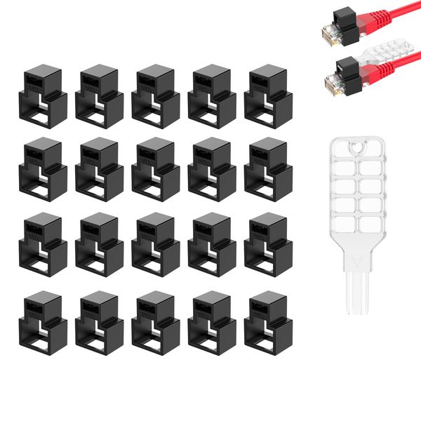 20pcs RJ45 Network Cable Lock with 1 Key,RJ45 Network Cable Lock Lockable Ethernet Cable, Super Category 5 Category 6 Category 7 Patch Cord Lock for Standard RJ45 Modular Plug (Black)
