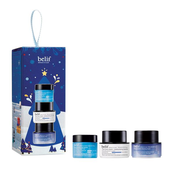 Belif Merry Merry Moisturisers Kit, Moisturizing Bomb 10ml + Moisturizing Eye Bomb 5ml + Aqua Bomb Sleeping Mask 10ml