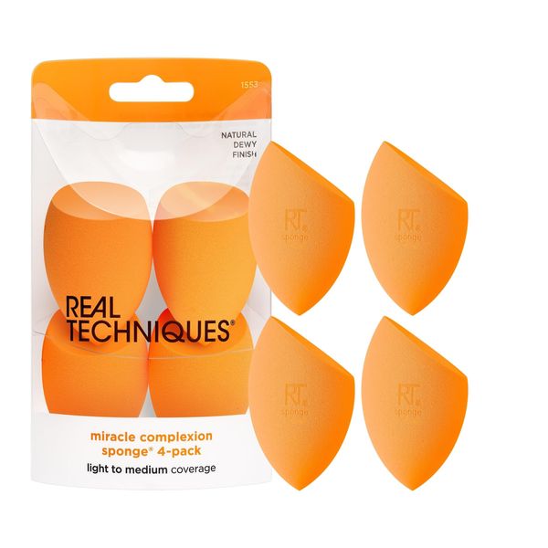 Real Techniques Miracle Complexion Schwamm, Make-up-Mixer für flüssige und cremige Foundation, volle Abdeckung, streifenfreies professionelles Make-up-Werkzeug, tierversuchsfrei, vegan, latexfrei, 4