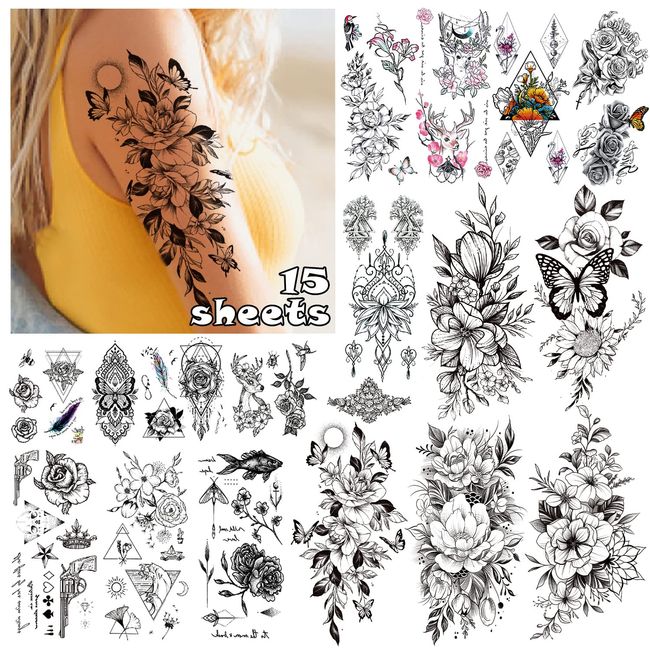 LEADTEAM 15 Blätter Fake Tattoos, Temporäre Tattoos Rose Tattoo Blume Tattoo Arm Tattoo, Klebetattoos Erwachsene Tatoos Aufkleben Damen Fake Tattoos Frauen Temporary Tattoo Männer Party Deko Geschenk