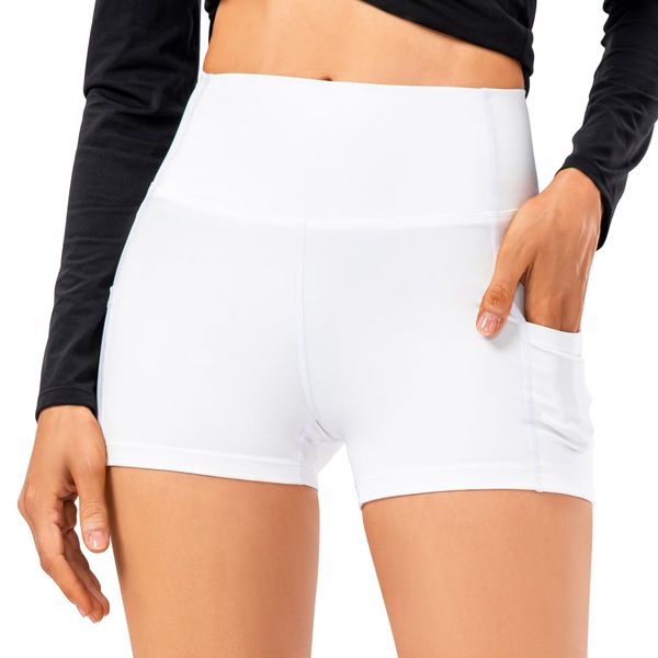 TERODACO Womens Running Shorts with Phone Pocket Comfortable Moisture Wicking Womens High Waisted Yoga Shorts for Sports Gym Workout,Stretchy Quick Dry Seamless 12428 White S