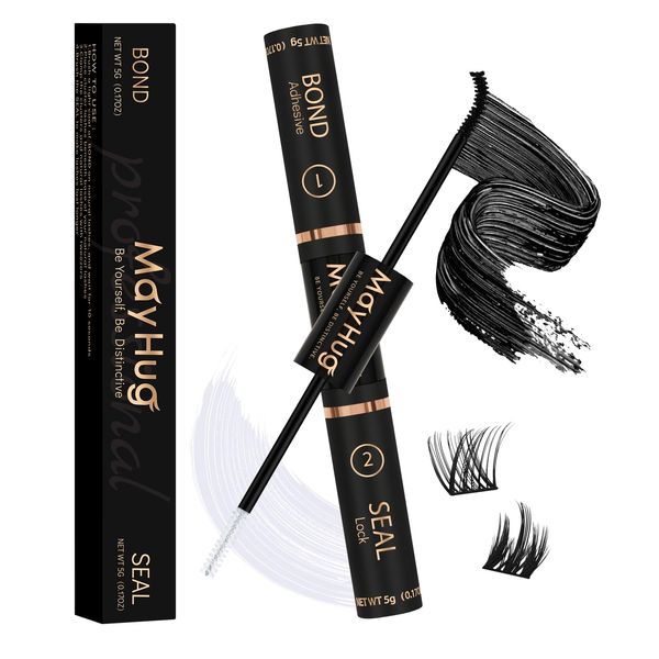 Mayhug Bond and Seal 2 in 1 10ml for DIY Cluster Lashes, Lash Bond and SealSuper Strong Cluster Lash Glue Hold 72 Hours, Waterproof, Mascara Wand Lash Glue for Sensitive Eyes (Black)