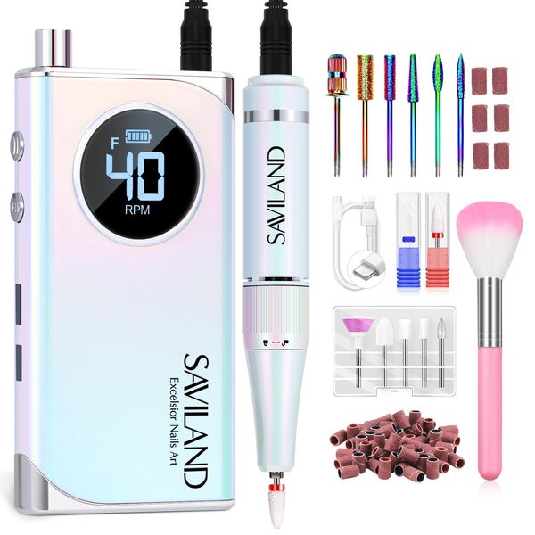 Saviland Nail Drill for Acrylic Nails Professional: 40000RPM Nail Drill 6000mAhm High Capacity Rechargeable Electric Nail File 13 Drill Bits for Nails Manicure Pedicure E File Sky Realm