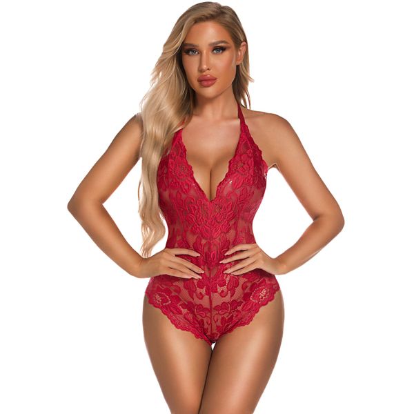 EVELIFE Women's Bodysuit Lace Sexy Teddy Lingerie Naughty One Piece Floral Underwear (Wine red,XXL)