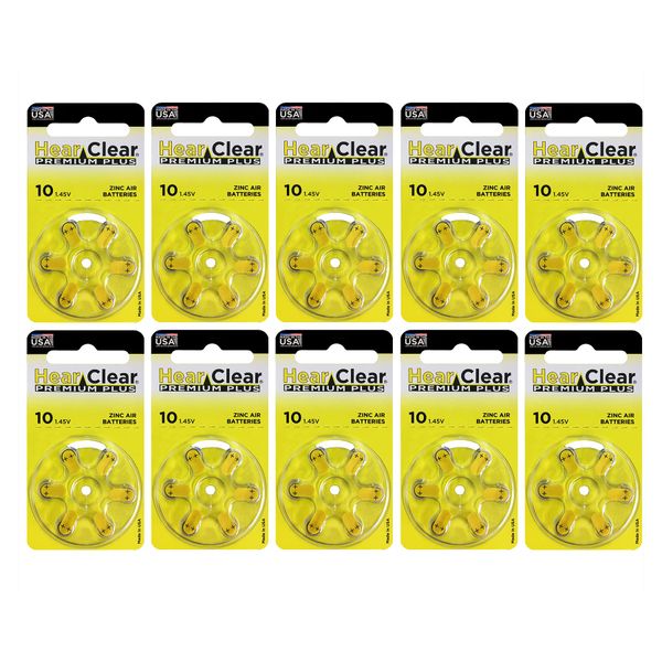 Hear Clear Size 10 PR230 Hearing Aid Batteries Yellow Tab (60 Batteries) + Battery Holder Keychain