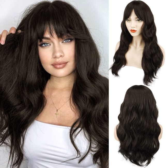 BARSDAR Long Wavy Brown Wig With Bangs, Dark Brown Wavy Wig With Bangs For Women Heat Resistant Synthetic Hair Wigs Brown Curly Wig Cosplay Natural Looking Daily Party Halloween-26'', Darkest Brown