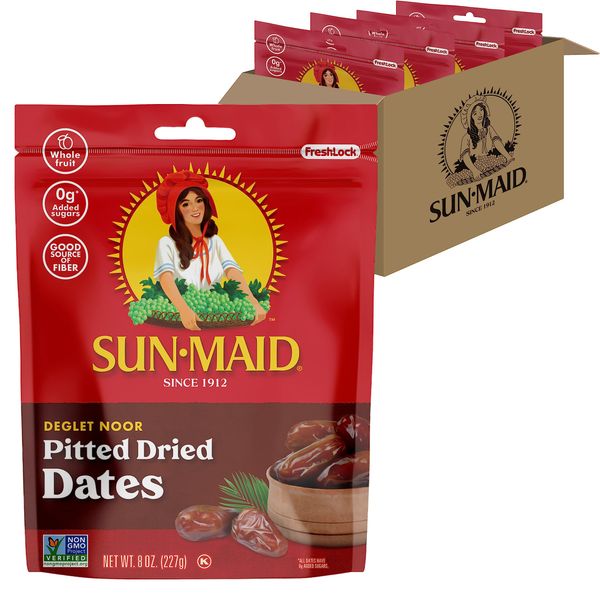 Sun-Maid Deglet Noor Pitted Dried Dates - (4 Pack) 8 oz Resealable Bag - Pitted Deglet Noor Dates Dried Fruit Snack for Lunches, Snacks, and Natural Sweeteners