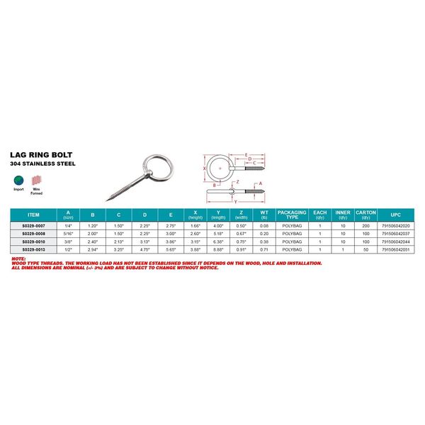STAINLESS LAG RING BOLT, 1/4", 304 SS
