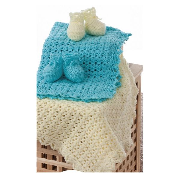 Double Knit Crochet Pattern for Baby Blanket with Zig Zag Edge & Bootees (UKHKA 186)