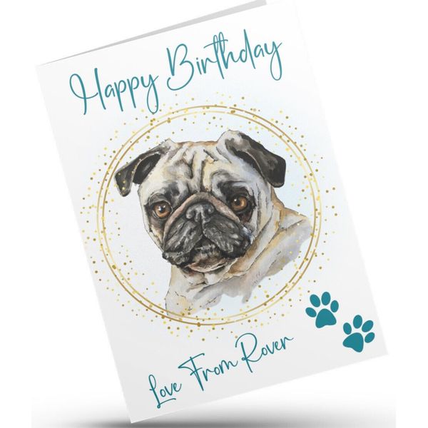 Personalised Pet Birthday card Pug DOG MUM, from the dog 40 breeds