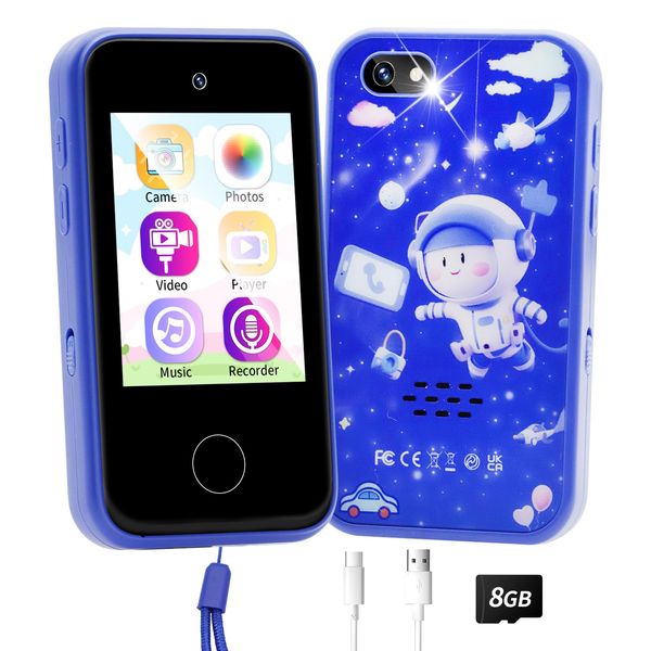 Kids Phone for Age 3~8, Toddler Play& Learning Toy Phone, Xmas Birthday Gift for 3 4 5 6 7 8 Years Old Girl & Boy, Fake Cell Phone with Game, Camera,Alarm,Story, 8GB SD Card (Blue Astronaut)