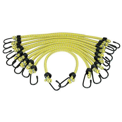 K Tool International 73830 3/8" x 18" General Purpose Bungee Cord Set for Garages, Repair Shops or DIY, Steel Vinyl Covered Hooks, Quality Rubber, Braided Cover, Safety Yellow Woven Jacket