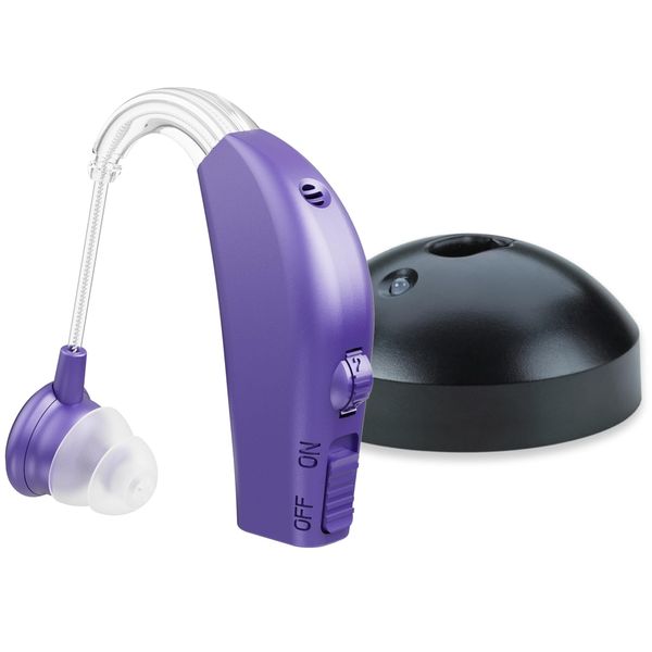 Digital Hearing Aid Amplifier Set - Rechargeable Behind the Ear Personal Sound Amplification Device - for Adults and Seniors with All-Day Battery Life, (Single Unit, Purple)