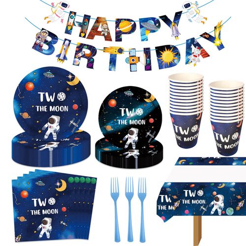 98 Pcs Two the Moon Party Decor 2 the Moon Tableware Set Outer Space Paper Plates Napkins Forks Tablecovers Dinnerware for Space Man/Robot UFO Theme Baby Boys 2nd Bday Party Supplies Decorations