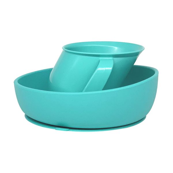 Doidy Cup and Bowl Set - Unique Slanted Design Training Sippy Cup and Non-Slip Silicone Suction Bowl - Weaning Gift Set for Babies and Toddlers (Turquoise)