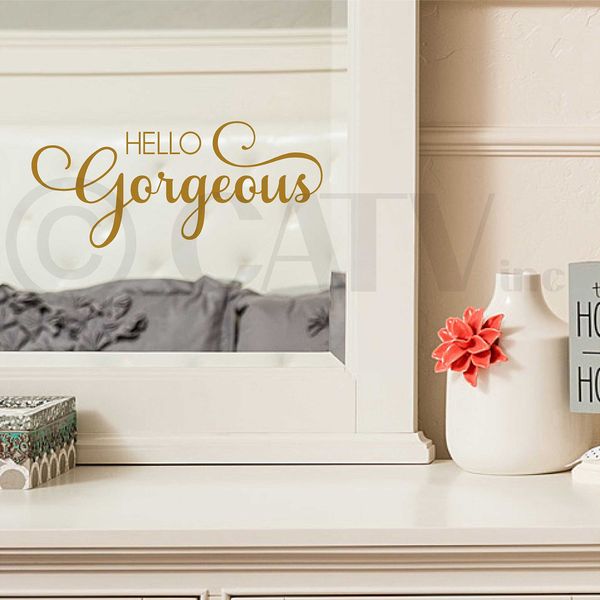 Hello Gorgeous Vinyl Lettering Wall Decal Sticker (6"H x 14"L, Metallic Gold)