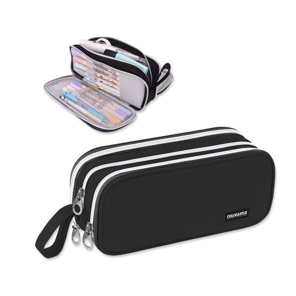 COLOCASTLE Federmäppchen Mäppchen Federmappe groß mit 3 Fächern Federtasche Mädchen Jungen Teenager Pencil Case Schlamppermäppchen für Schule Büro (Schwarz)